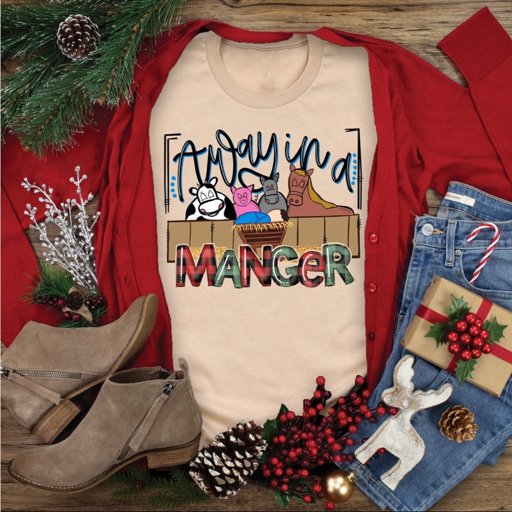 Love in Faith Away in a Manger Medium shirt- Farm Animals